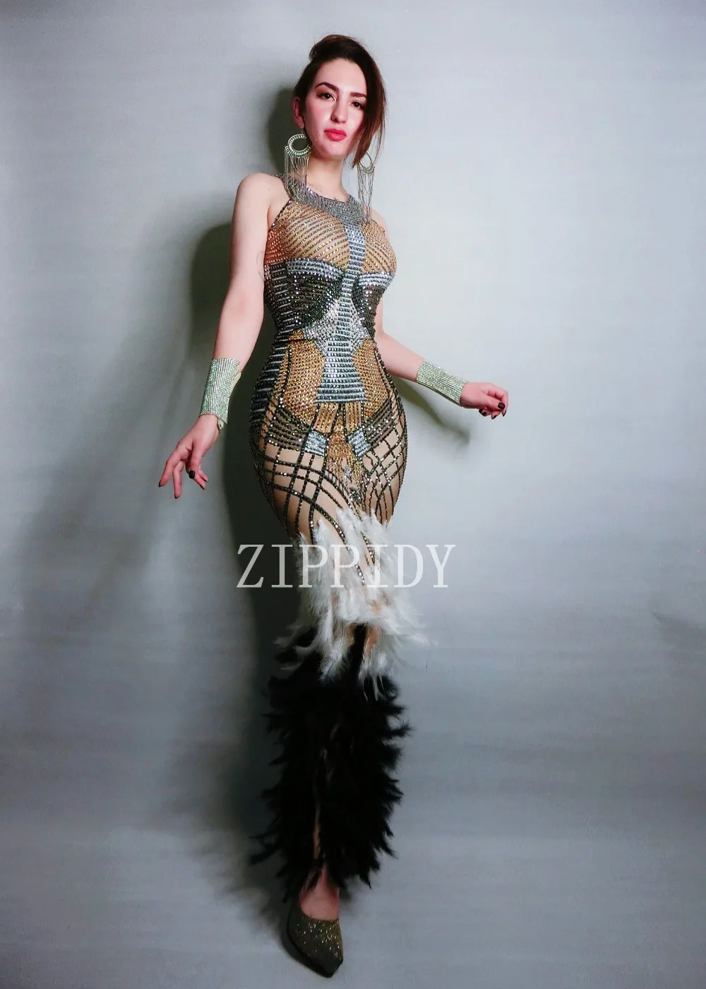 

New Fashion Design Rhinestones Feather Birthday Wear Stretch One-piece Stones Performance Dress