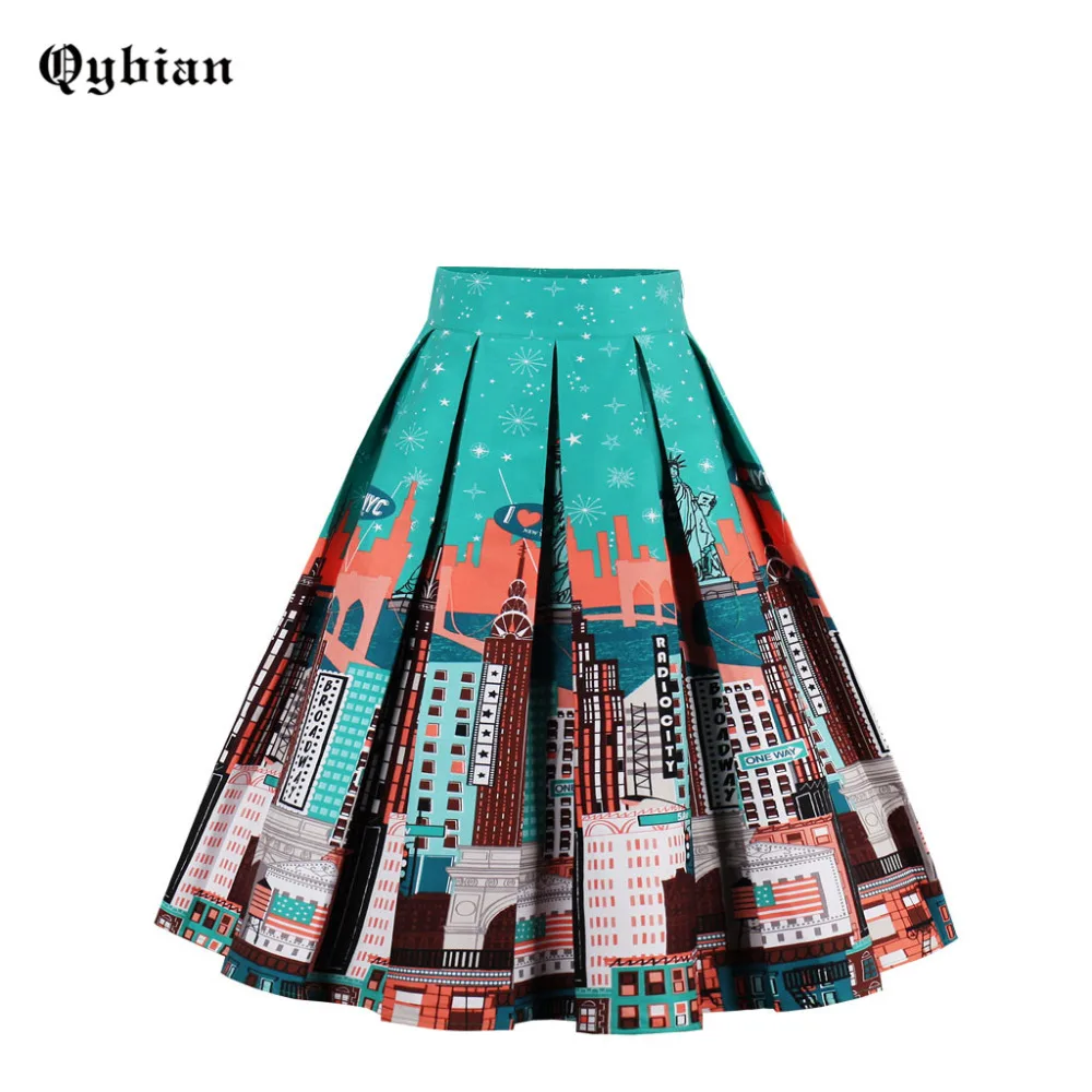 

Qybian summer Skirts Women High Waist Statue of Liberty Slim Knee-Length tutu Pleated Skirts S-XXL Plus Size Female cotton Skir