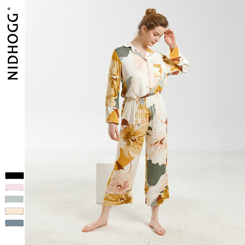 

Elegant High-end Satin Ink Printing Lapel Pajama Suit Long Sleeve Women 2-piece Sleepwear Loungewear Korean Pijama Mujer Pj Set