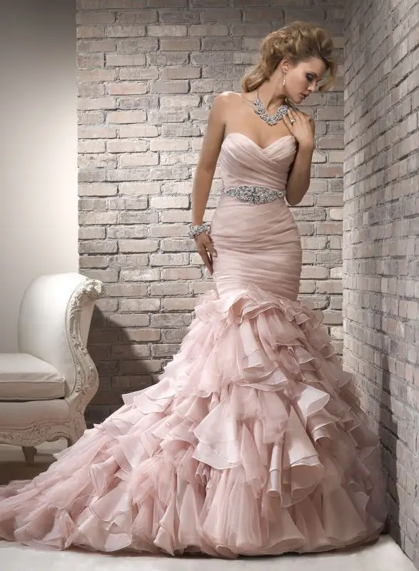 

2016 Charming Pink Mermaid Wedding Dresses Sweetheart Pleats Ruffles Beads Chapel Train Organza Bridal Gown Real Image C1222