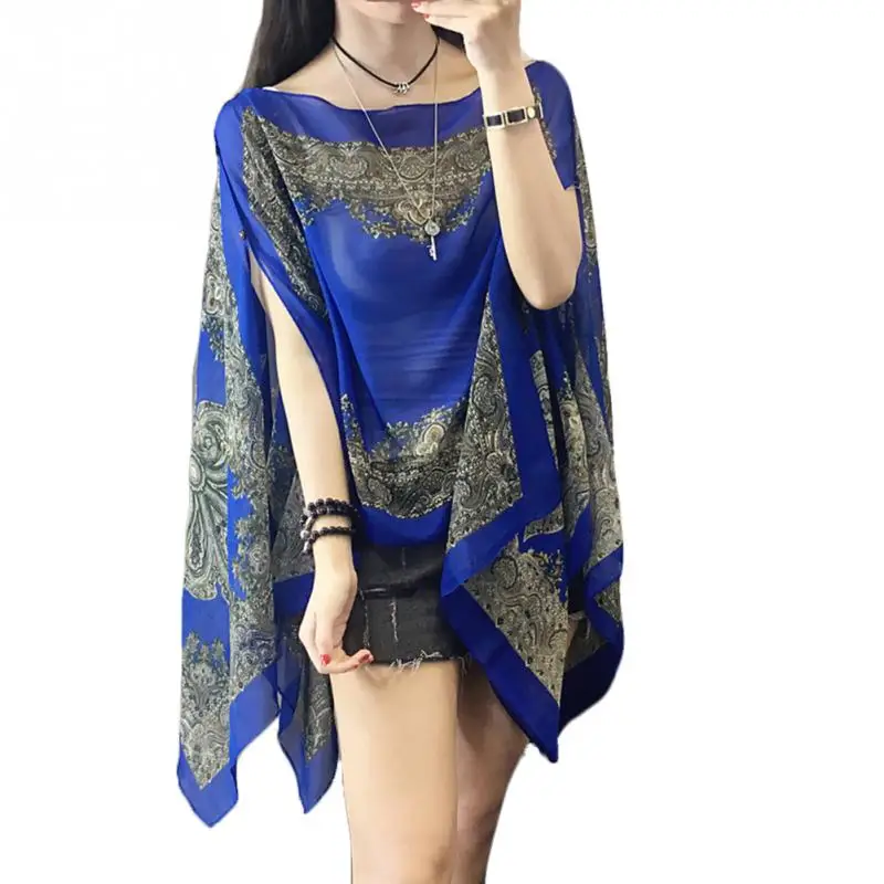 

Fashion Sun Protection Beach Shawl Blouses Summer Beachwear Woman Chiffon Flower Printing Scarf Shawl Chiffon Cover Ups