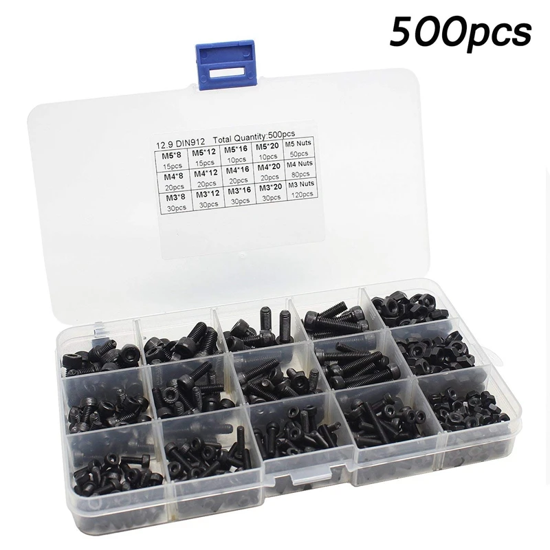 500PCS M3M4M5 Alloy Steel Socket Cap Screws Hex Head Bolt Nuts Assortment Kit 4