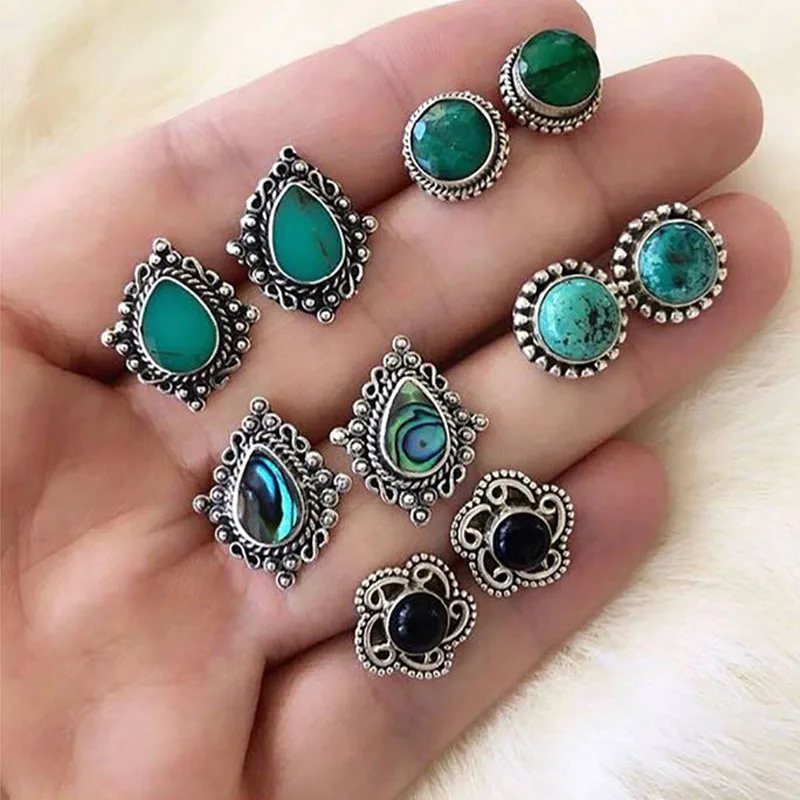 

5 Pairs/Set Boho Geometric Round Flower Stud Earrings for Women Stone Earring Boucle D'oreille Wedding Jewelry Brincos Female