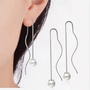 

New Fashion Korean Style Jewelry Long Tassel Pearl 925 Sterling Silver Temperament Wave Personality Dangle Earrings DE457