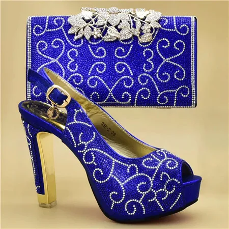 Новинка; обувь в нигерийском стиле и сумочка в комплекте; итальянский комплект из женских туфель и сумочки; стразы; Свадебные вечерние туфли в африканском стиле - Color: Blue