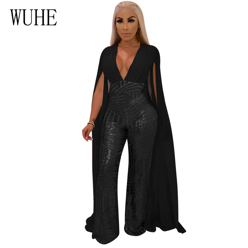 WUHE Sparkly Sequins Overalls For Women Cape Split Extra Long Sleeve V Neck Jumpsuit Elegant See Through Plus Size Party Romper