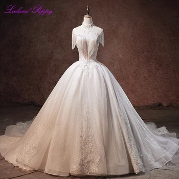 

Luxury Women's Ball Gown High Neck Wedding Dresses 2020 Shiny Sleeveless Beaded Tassel Lace Appliques Bridal Dress Open Back