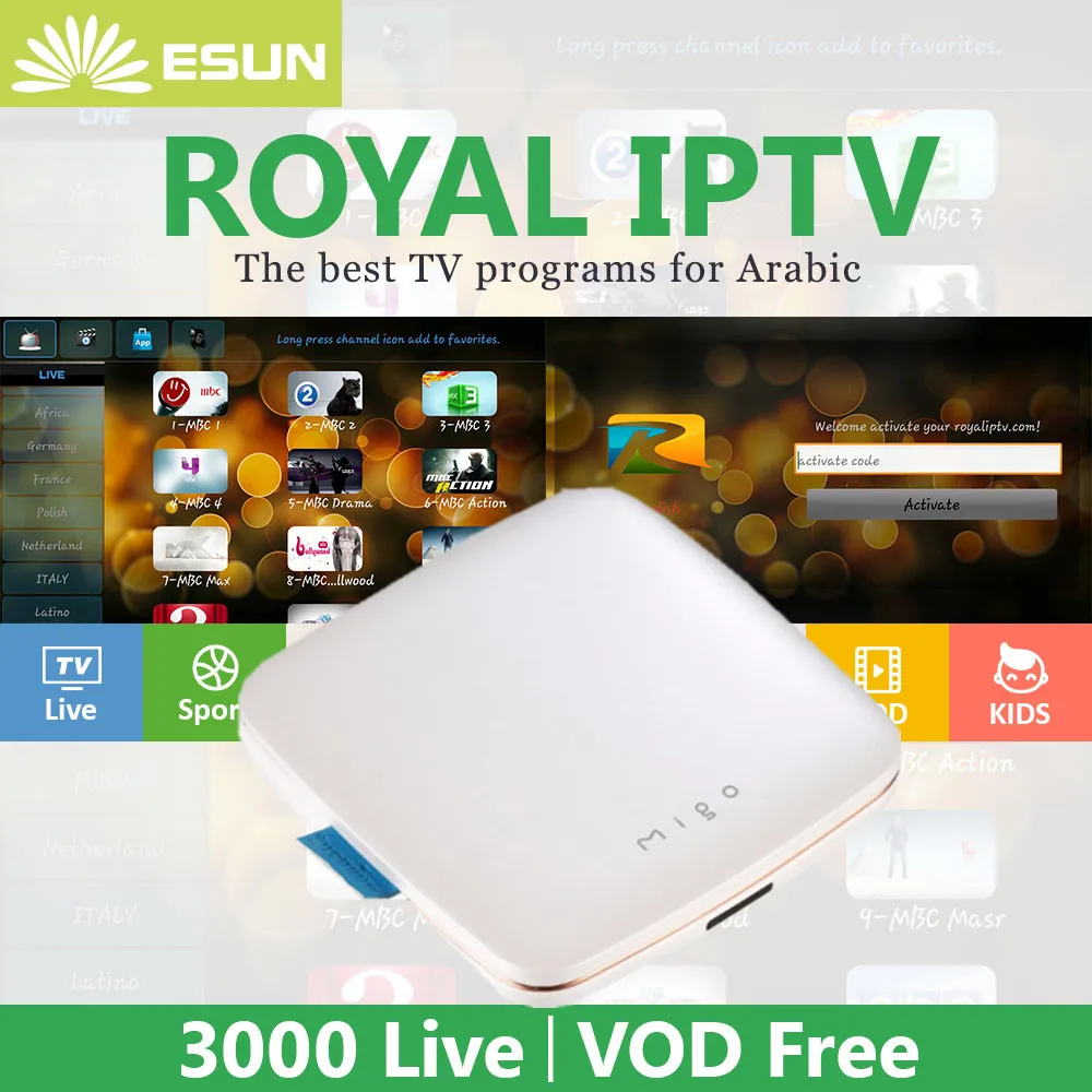 

Royal IPTV ipremium Migo Stalker 4K Ultra HD H.265 Android TV Box With 1 Year RoyalTV Configured Arabic Europe IPTV SET TOP BOX