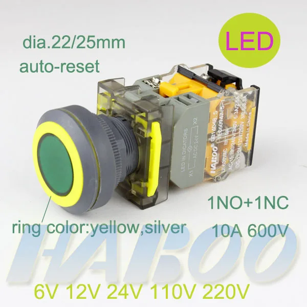 

5PCS/LOT dia.22/25mm electrical switch untrathin head push button switch with led auto-reset momentary 6V 12V 24V 110V 220V