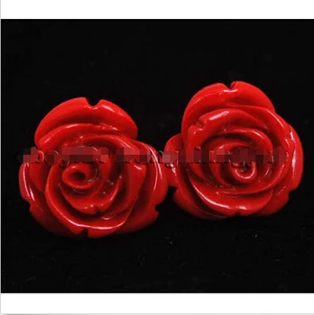 

Free shipping >>>>>>12mm red coral hand carved rose flower earrings