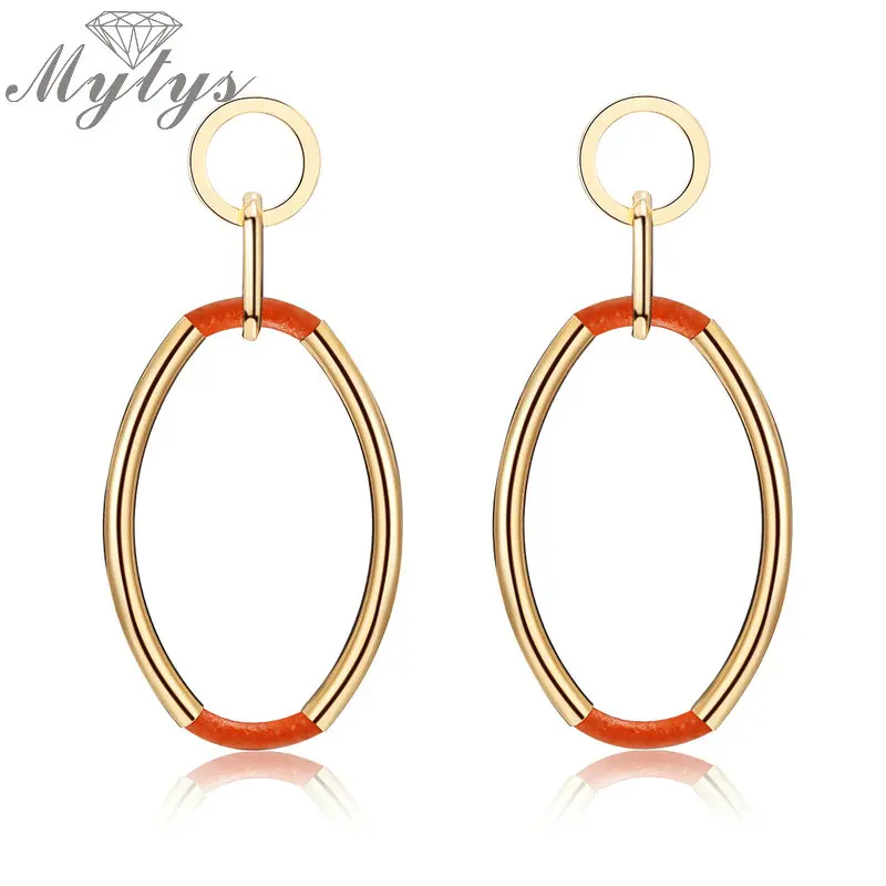 

Mytys Fashion Oval Drop Earrings Leather and Copper Trendy Dangle Earrings for Women Super Star Party Jewelry CE374 CE375 CE376