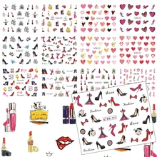 12 видов конструкций, женские цветные переводные наклейки для ногтей на высоком каблуке/красные губы/сердце любовь/Губная помада, наклейки для ногтей, TRBN589-600