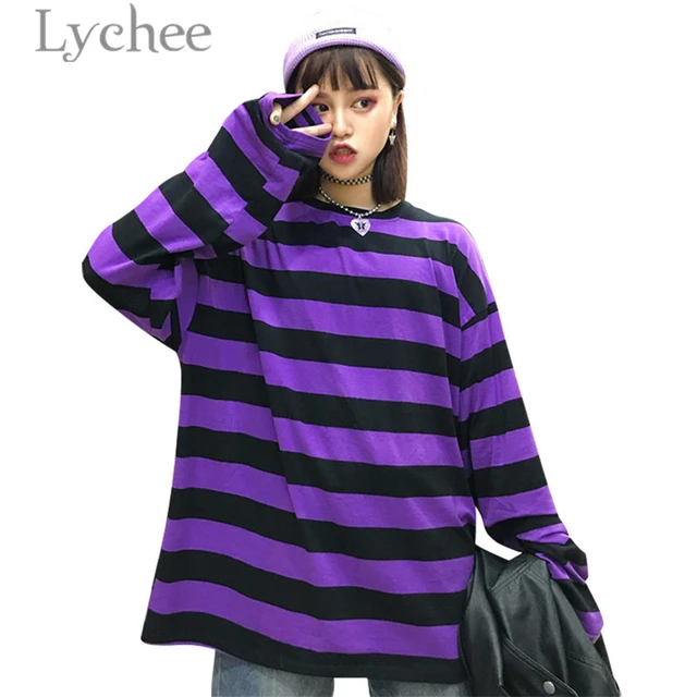US $9.98 Lychee Trendy Hit Color Stripes Women T-Shirt Long Sleeve Short Sleeve O-Neck Color Block Female T 