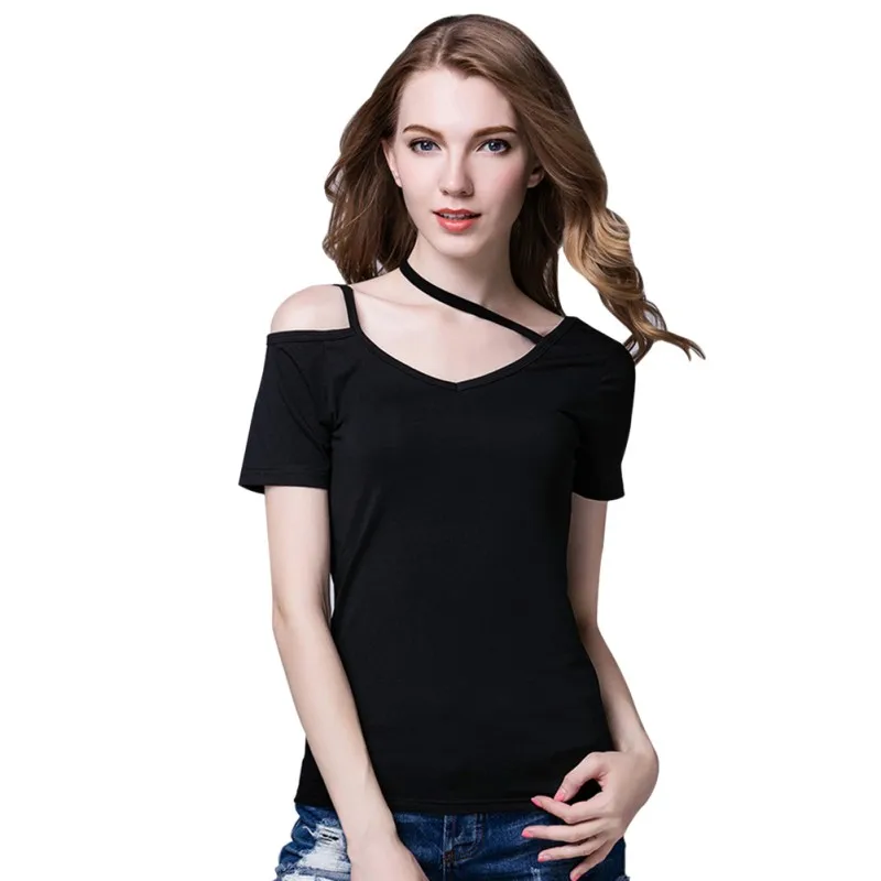 Sexy One Shoulder Strap Female T shirt 100 Cotton Thin T shirt Slim T Shirt Short Sleeve Tees