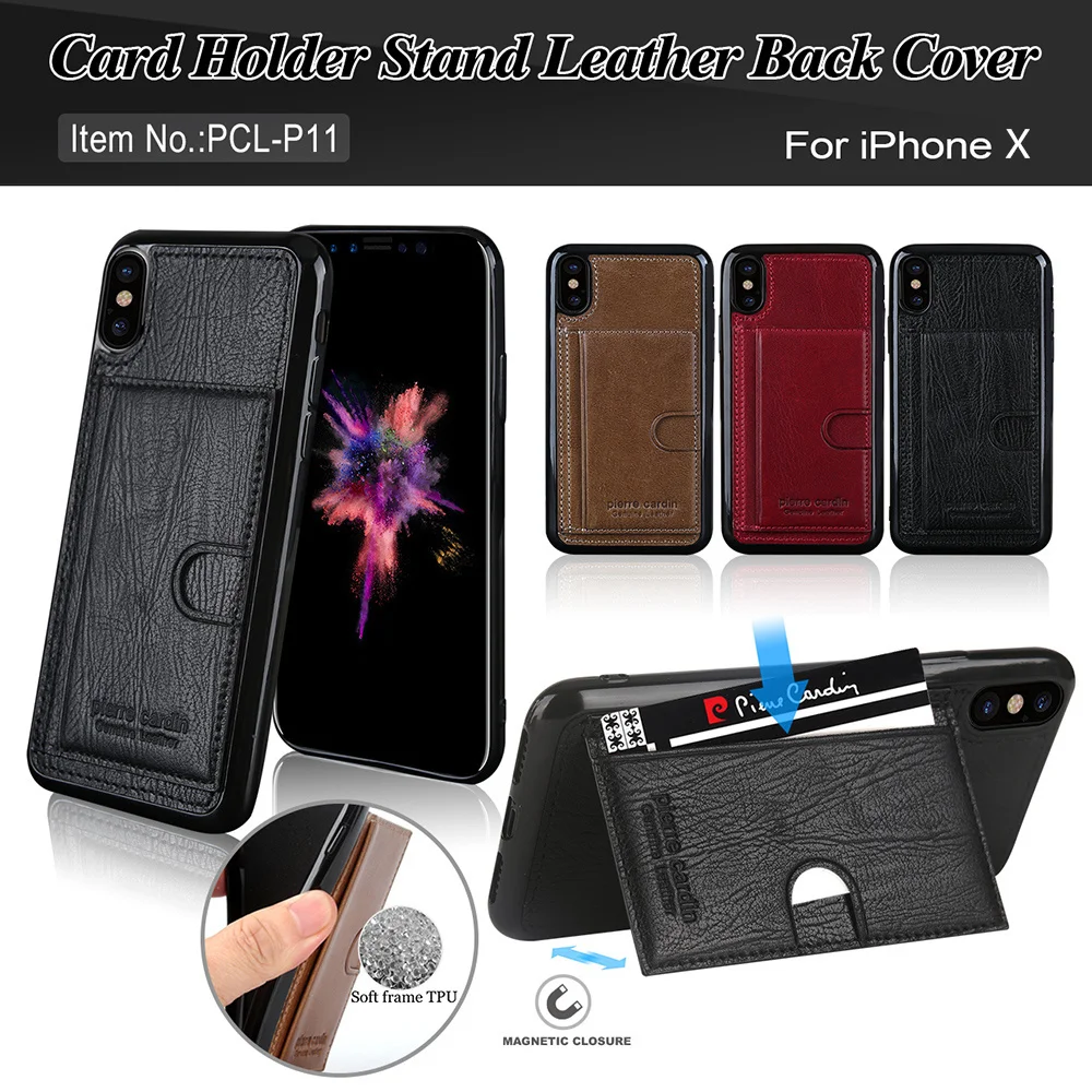 For Apple iPhone X XS Case Pierre Cardin Genuine Leather Slim Card Holder Stand Flip Leather Style Sofe TPU Phone Cover Case