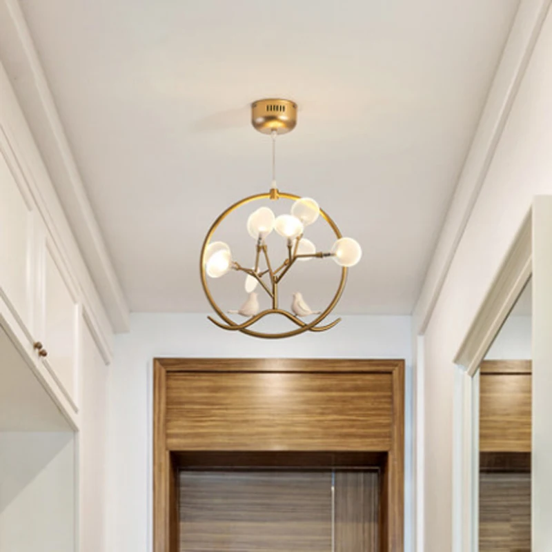 

Modern Acrylic Firefly Art Design Chandelier New Chinese Resin Bird Circle Iron Golden Paint G4 Lighting LED Corridor Decor lamp