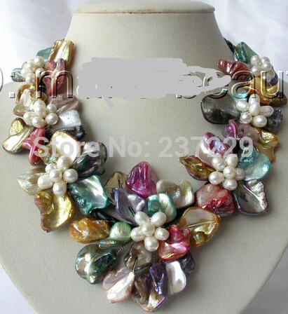 

Wholesale price FREE SHIPPING ##^^classic white baroque pearl multicolor shell flower leather necklace