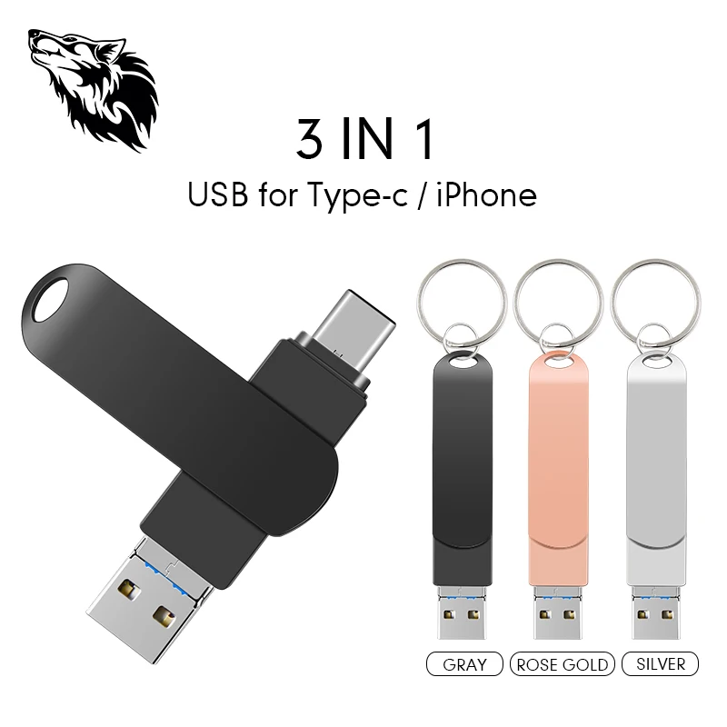 Wolf Тип C 3 в 1 Флешка USB флеш накопитель 128 Гб 64 ГБ 32 16 8 для iPhone и компьютера|USB