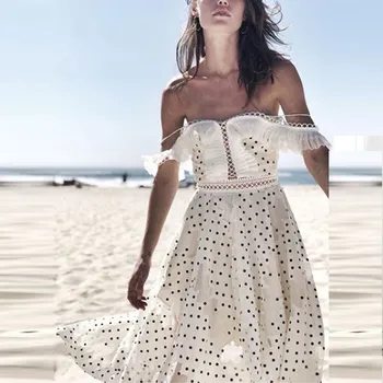 

Polka Dot Women's Set Lace Hollow Strapless Cross strap Crop Top and High Waist Irregular Long Skirt Two Piece Set Female 2019