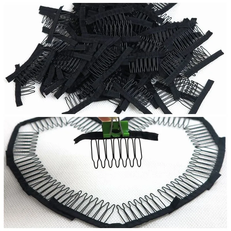 7-teeth black wig combs sewed into ponytail wigs