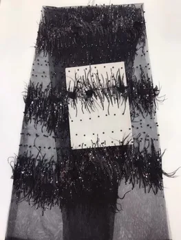 

Black Feather sequins pearl beads decoration french embroidery tulle mesh lace fabric for stage /wedding/evening dress/party