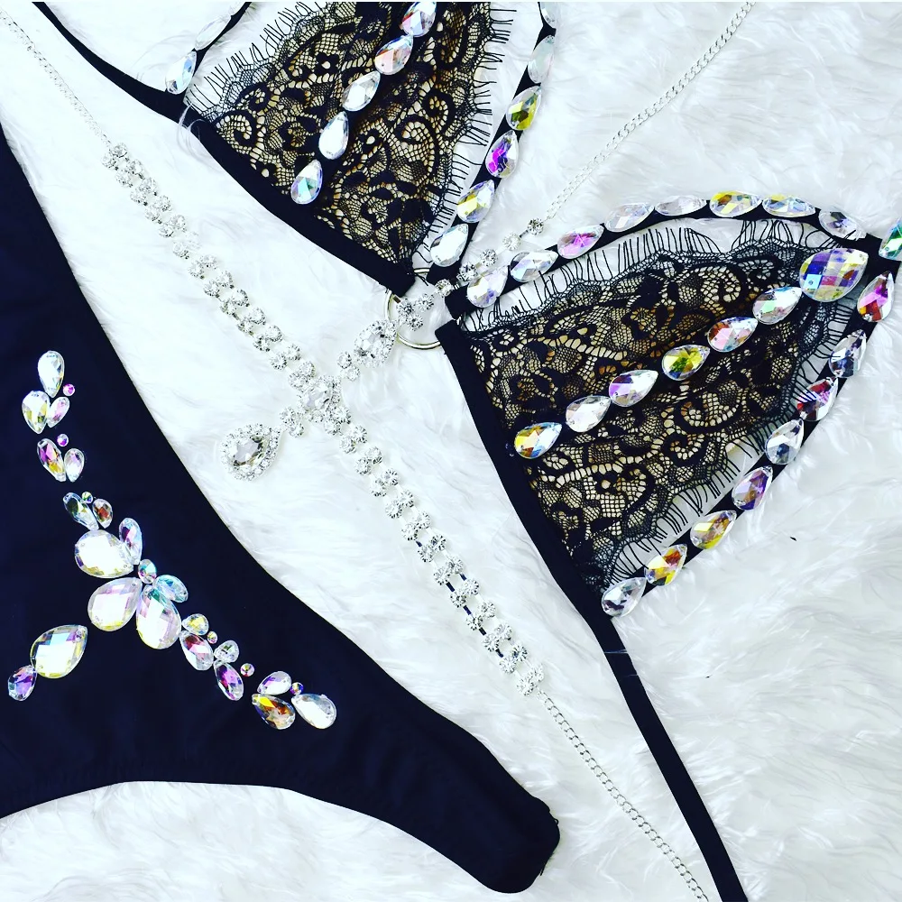 

Rhinestone Bikini 2019 Lace String Bikini Set Women Swimwear Crystal Biquini Monokini Hot Style Low Waist Solid