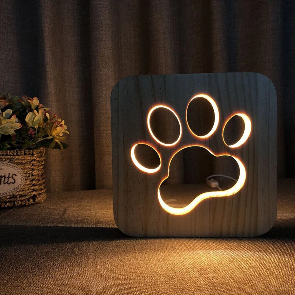 

3D Led Bedroom Luminaria USB Powered Desk Lamp Wooden Night Light Home Decoration Kids Cat Animal Shape Square Gift