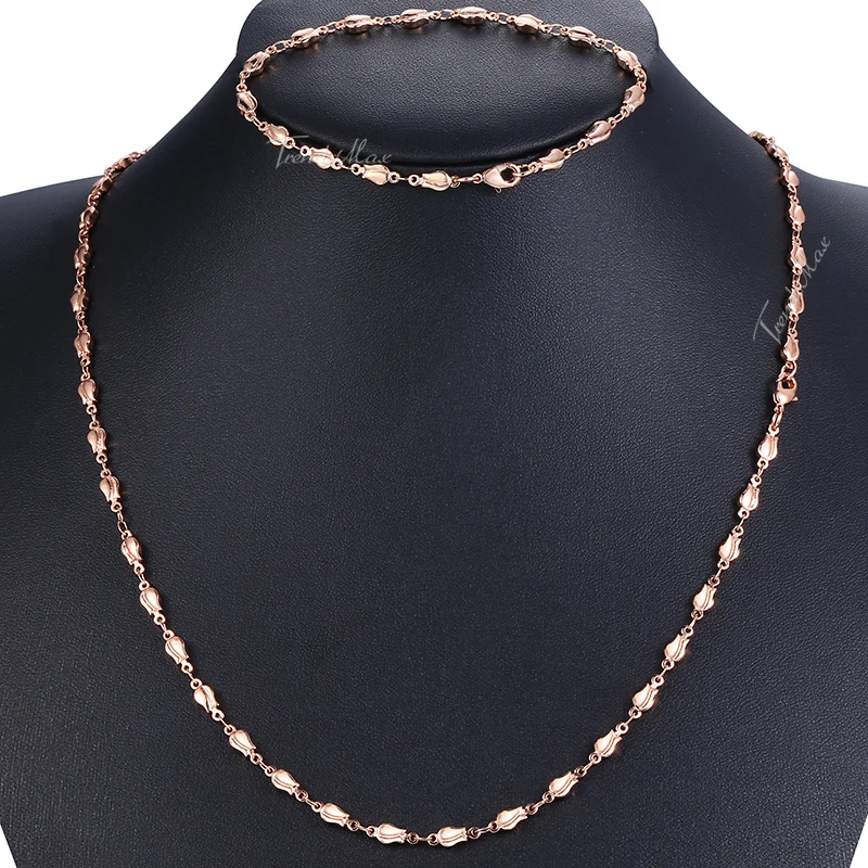 

Jewelry Sets For Women 585 Rose Gold Bracelet Neckalce Set Tulip Bud Beads Chain 2018 Wholesale Woman Jewelry Gifts 4mm HGS256