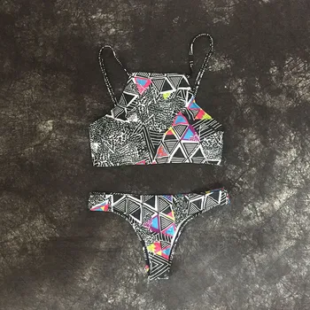 

New Women Bikinis High Neck Push up Bikini Set Geometry Black Swimwear Female Slim Print Swimsuit Biquini brazilian Beach