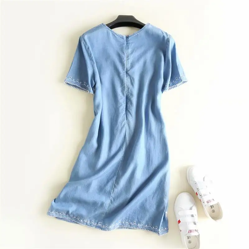 embroidery soft jeans dress women short sleeves casual knee length summer denim dresses cotton cute light blue o-neck fashion