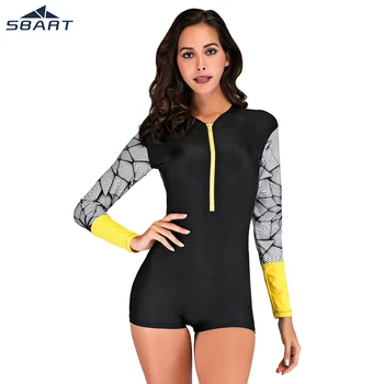 

SBART Women one-piece Elastic Swimsuit Surf Long sleeve Sunscreen Swim Rash Guards Clothes Swimwear lycra quick dry Zipper shirt