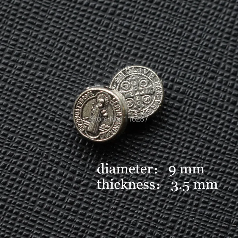 

100pcs antique Silver Tiny Medal Beads Diameter 9mm thickness St Benedict Saint Catholic Religious Gift bead for Bracelet Rosary