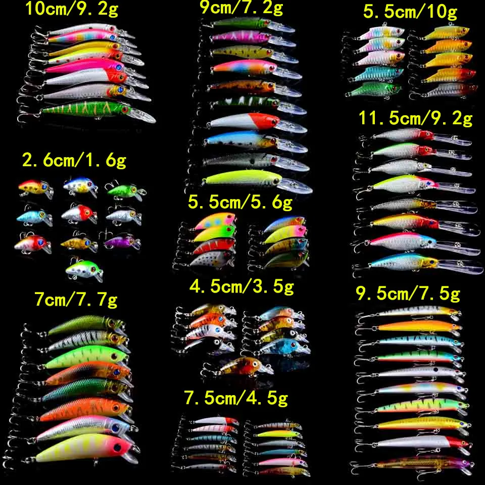 

New 93pcs/Lot Fishing Lures Set Mixed 10 Models High Quality Bass Fishing Tackle Minnow/Crank Lure and VIB Biat Mix Wholesale