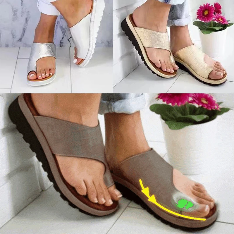 Comfy Platform Flat Sole PU Leather Shoes for Women Casual Soft Big Toe Foot Correction Sandal with Orthopedic Bunion Corrector