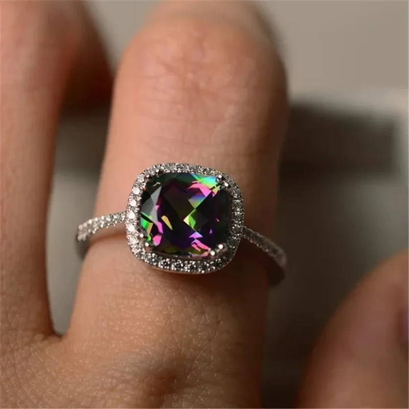 

ZORCVENS Fashion 3ct Big Mystic Fire Rainbow Stone Engagement Wedding Ring for Woman Brand Gift