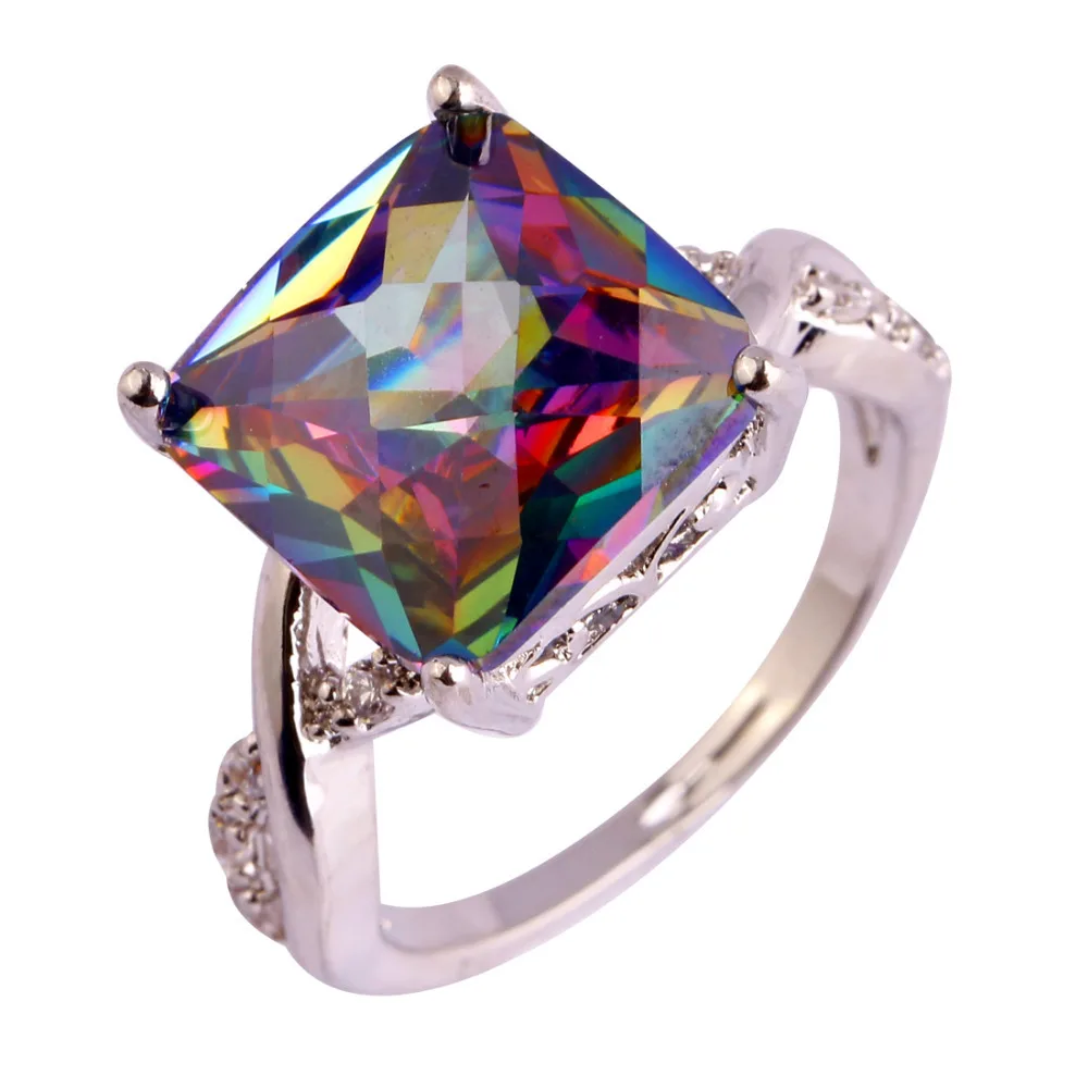 lingmei Mystic Rainbow White CZ Silver Color Ring Size 6 7 8 9 10 Fashion Jewelry Women Men Rings Free Shipping Wholesale