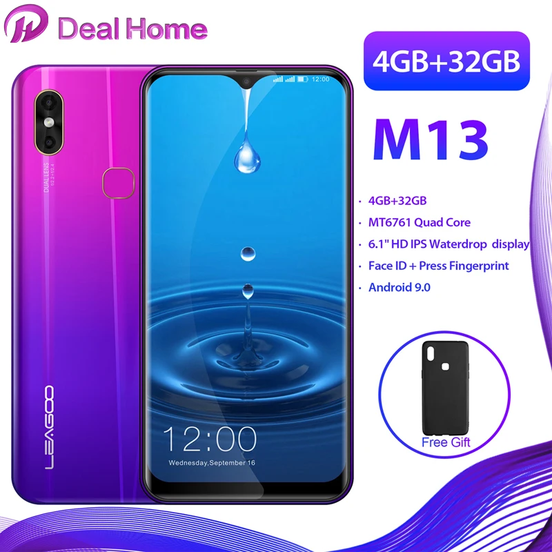 

LEAGOO M13 Waterdrop 19:9 6.1" HD IPS Display Android 9.0 MT6761 Quad Core 4GB RAM 32GB ROM 3000mAh Dual Cams 4G Smartphone