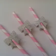 На заказ блестящая розовая бумага солома с серебряным бантом для свадебной вечеринки девичник вечерние украшения напитки соломинки для чайной вечеринки