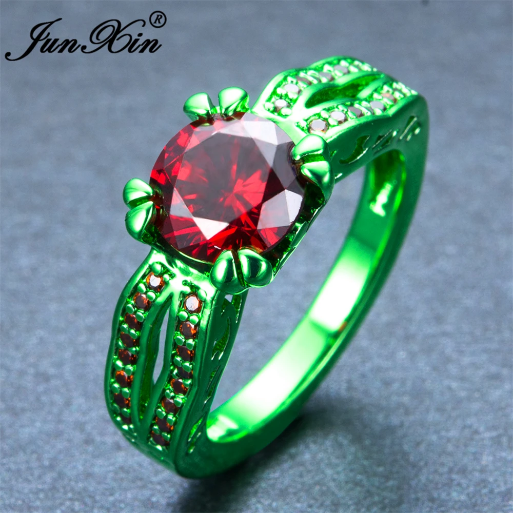 JUNXIN Male Female Red Round Ring Green Gold Filled Jewelry Vintage
