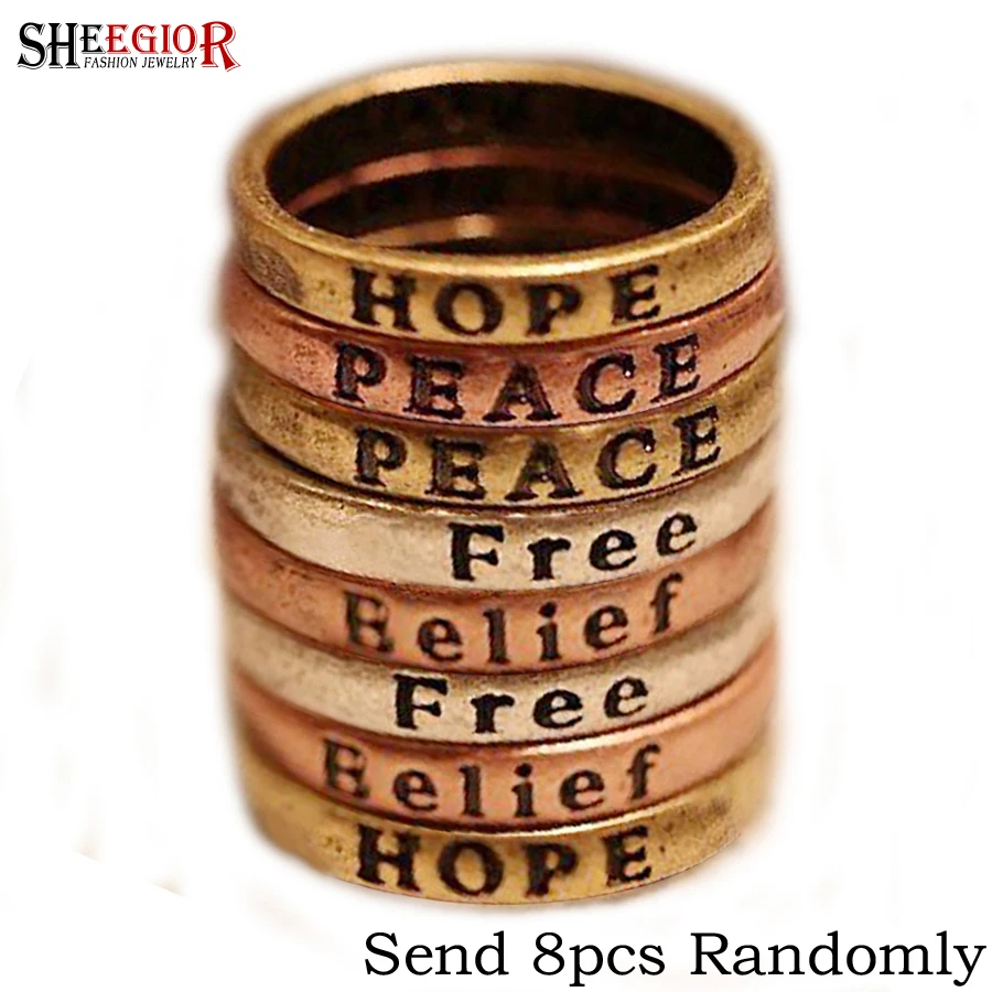 

SHEEGIOR Vintage Gold Bronze Silver Rings Set Hope Wisdom Belief Peace 8pcs Rings for Women Punk Ring Men's Fashion Jewelry Gift