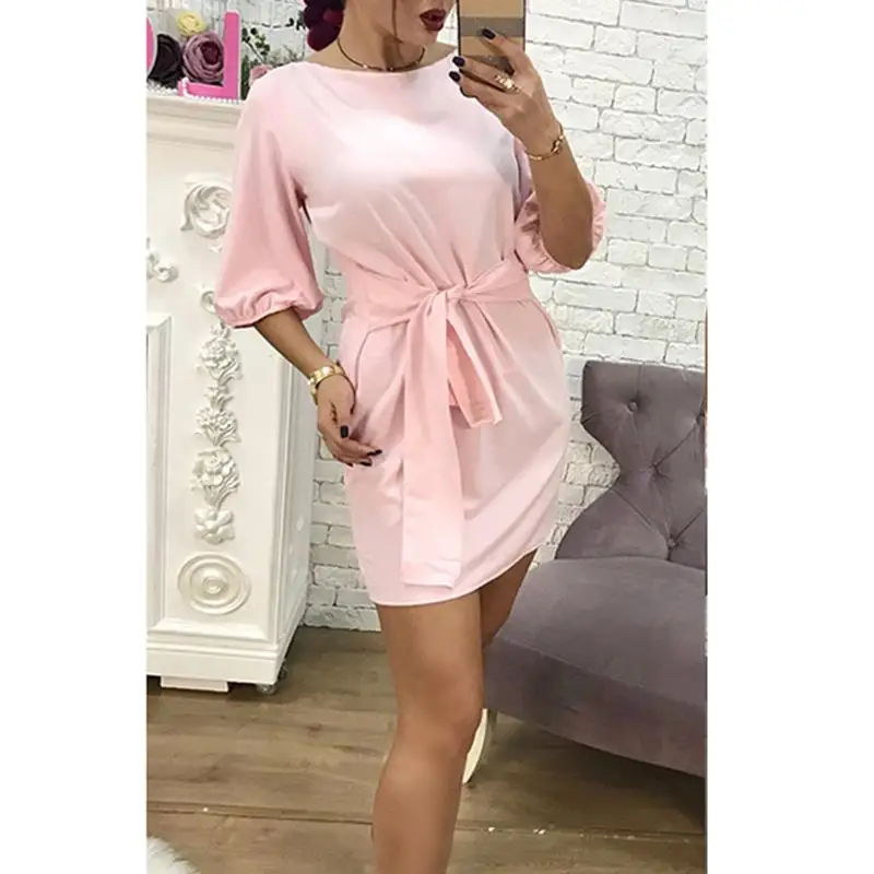 Повседневное платье для женщин с коротким рукавом и круглым вырезом однотонное