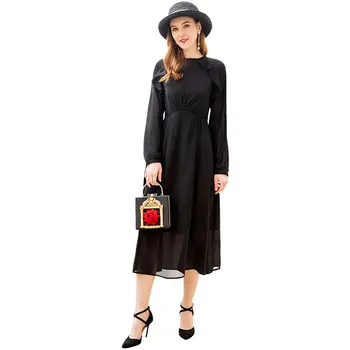 

Office Lady Spring Summer Chiffon Black Dress Ruffles Long Sleeve Fashion Designer Dress Women Mid-Calf Maxi Dress RR10015