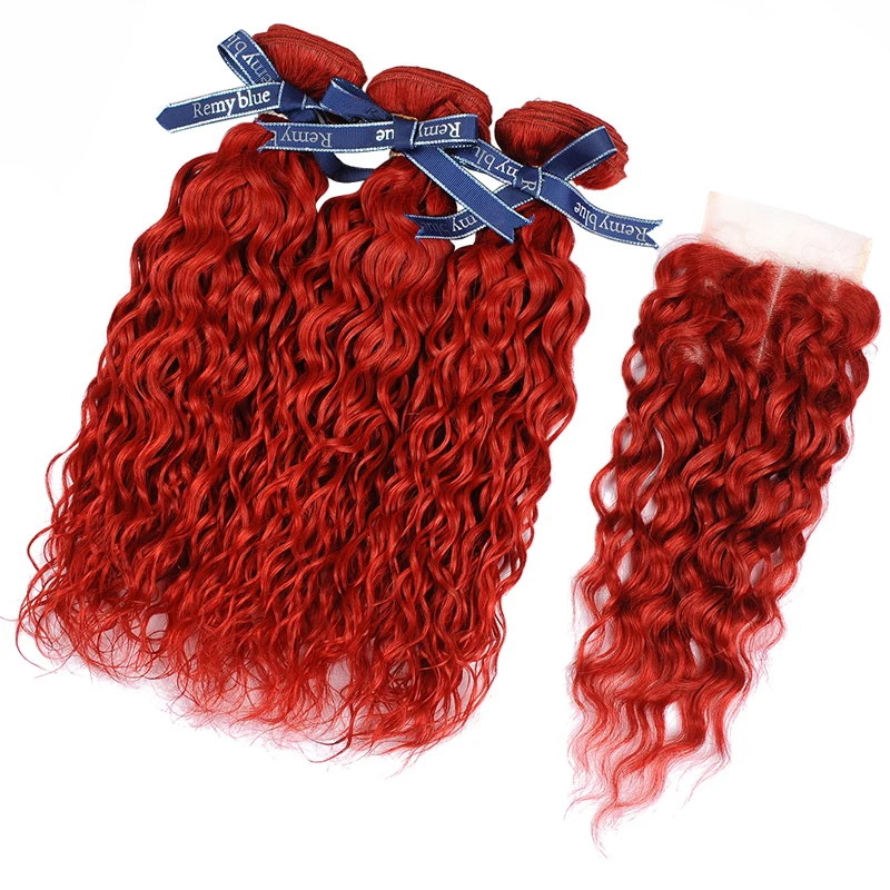 Remyblue Hair Malaysian Water Wave Bundles With Closure Red Human Hair Weave Bundles With Closure Burgundy 99J Remy Hair Bundles