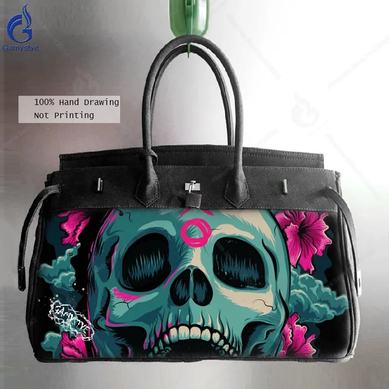 

Big Bags Men Messenger Bags Canvas Crossbody Shoulder Bag Art Hand Drawing Skull Flower Illustration Fashion Satchel with Lock