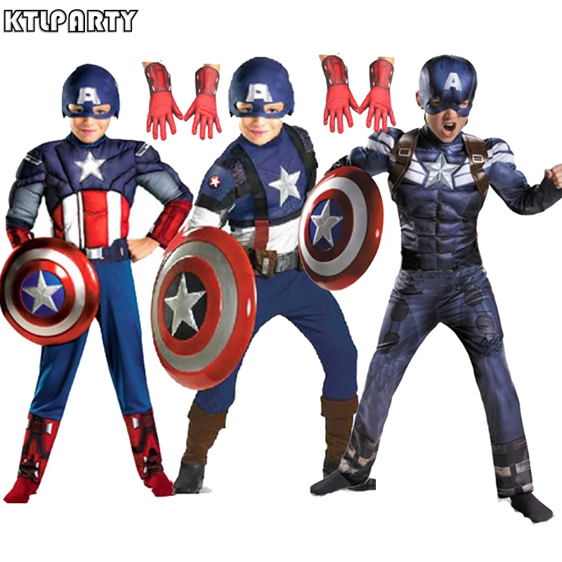 

High quality child children captain america costume muscle halloween party costume masks gloves shield Avenger hero clothing