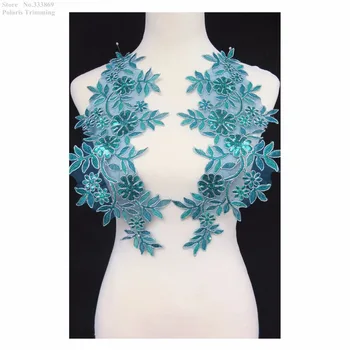 

Newest Free Shippping 1pair=2pcs x Turquoise/Silver Flower Sequins Lace Applique Trim Patches Dance Costume Accessories PBNC115E