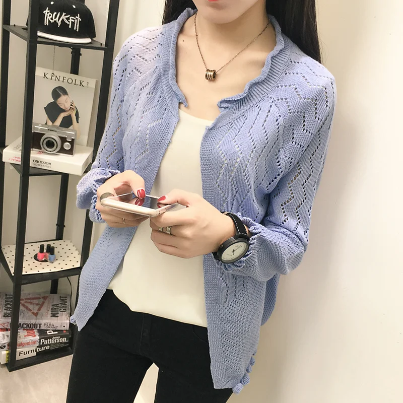 Blue Full Sleeve Вишни Для женщин Новинка весны модный кардиган Для женщин Сладкий Карамельный Цвет выдалбливают Трикотаж Блузка полный свитер кардиган Открыть стежка - Цвет: Blue Full Sleeve