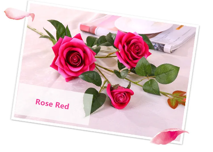 Flone Artificial Rose Flower Simulation Silk Fake Flowers Single Branch 3 Heads Roses Flower For Wedding Home Bedroom Decoration (4)