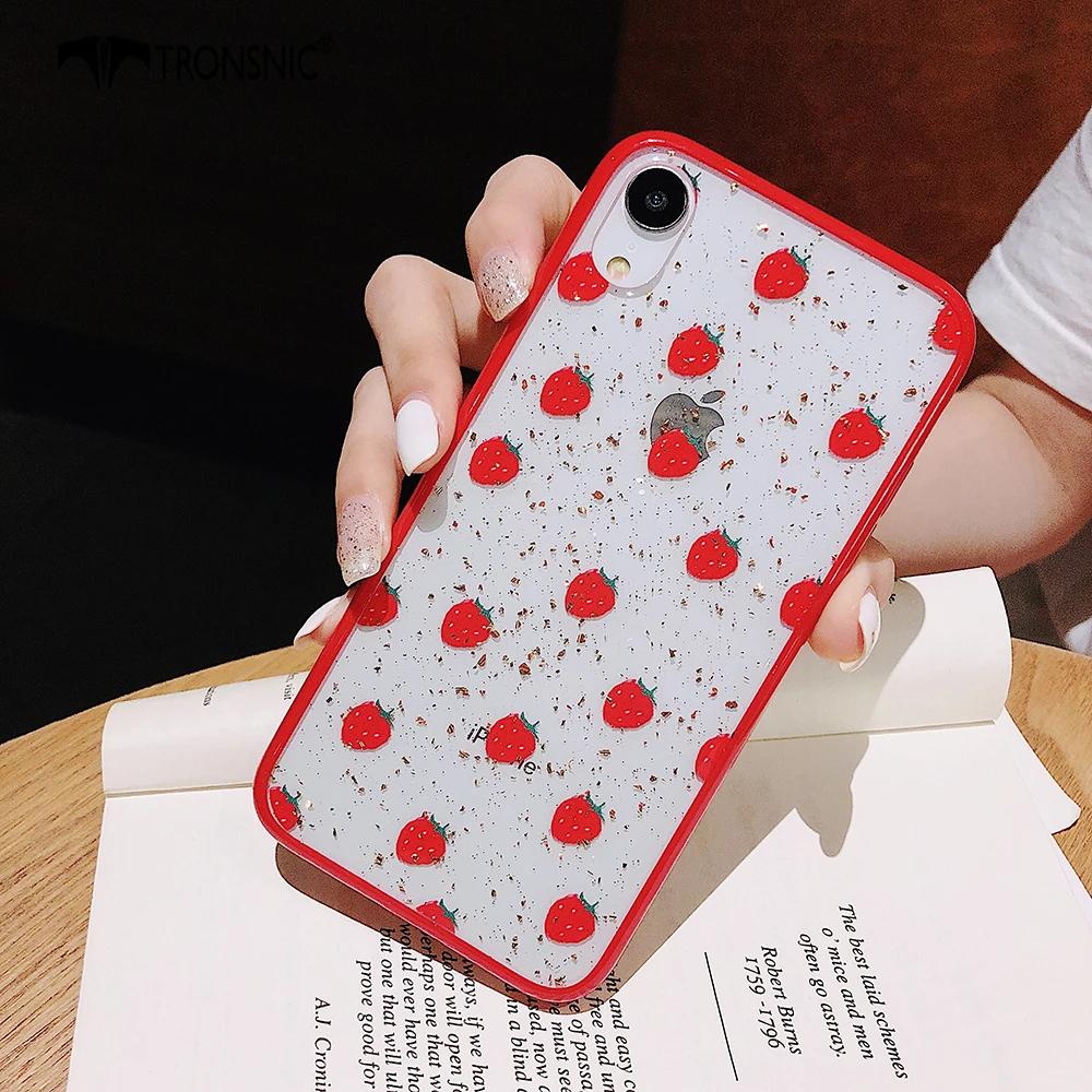 

Tronsnic Glitter Phone Case for iPhone X XS MAX XR Strawberry Gold Foil Case for iPhone 6s 7 8 Plus Case Love Rose Flower Luxury