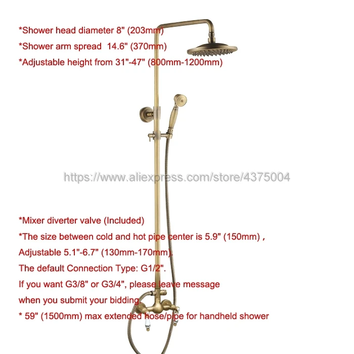 Antique Brass Bathroom Rainfall Shower Faucet Set Mixer Tap With Hand Sprayer Wall Mounted Nan103